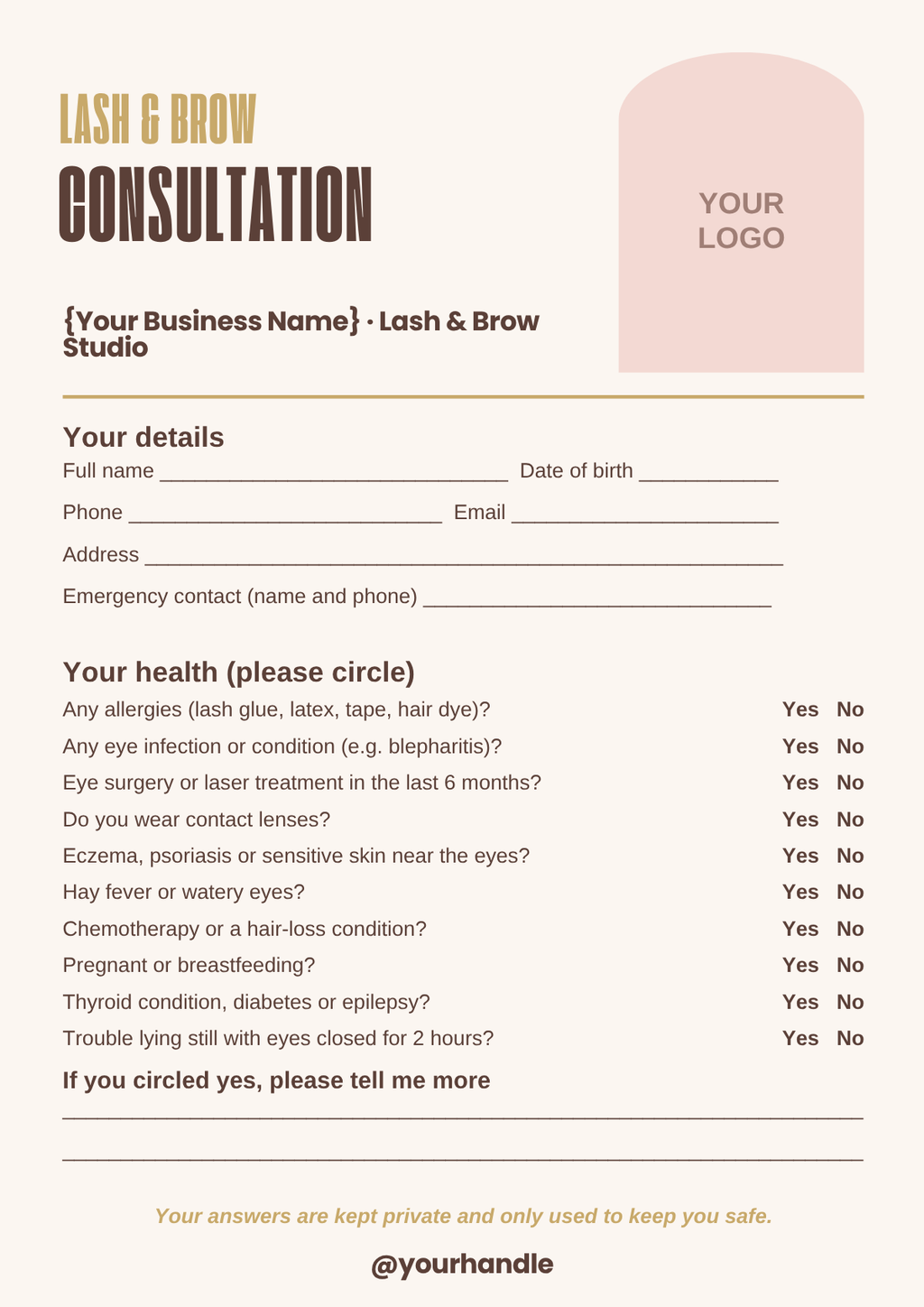 Lash and brow client consultation form template, A4