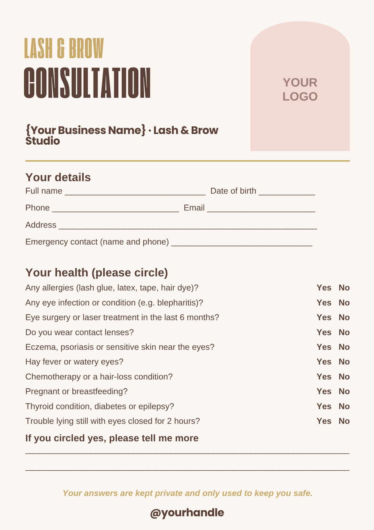 Lash and brow client consultation form template, A4