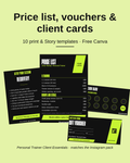 Personal trainer price list, gift voucher, session card and recovery card templates