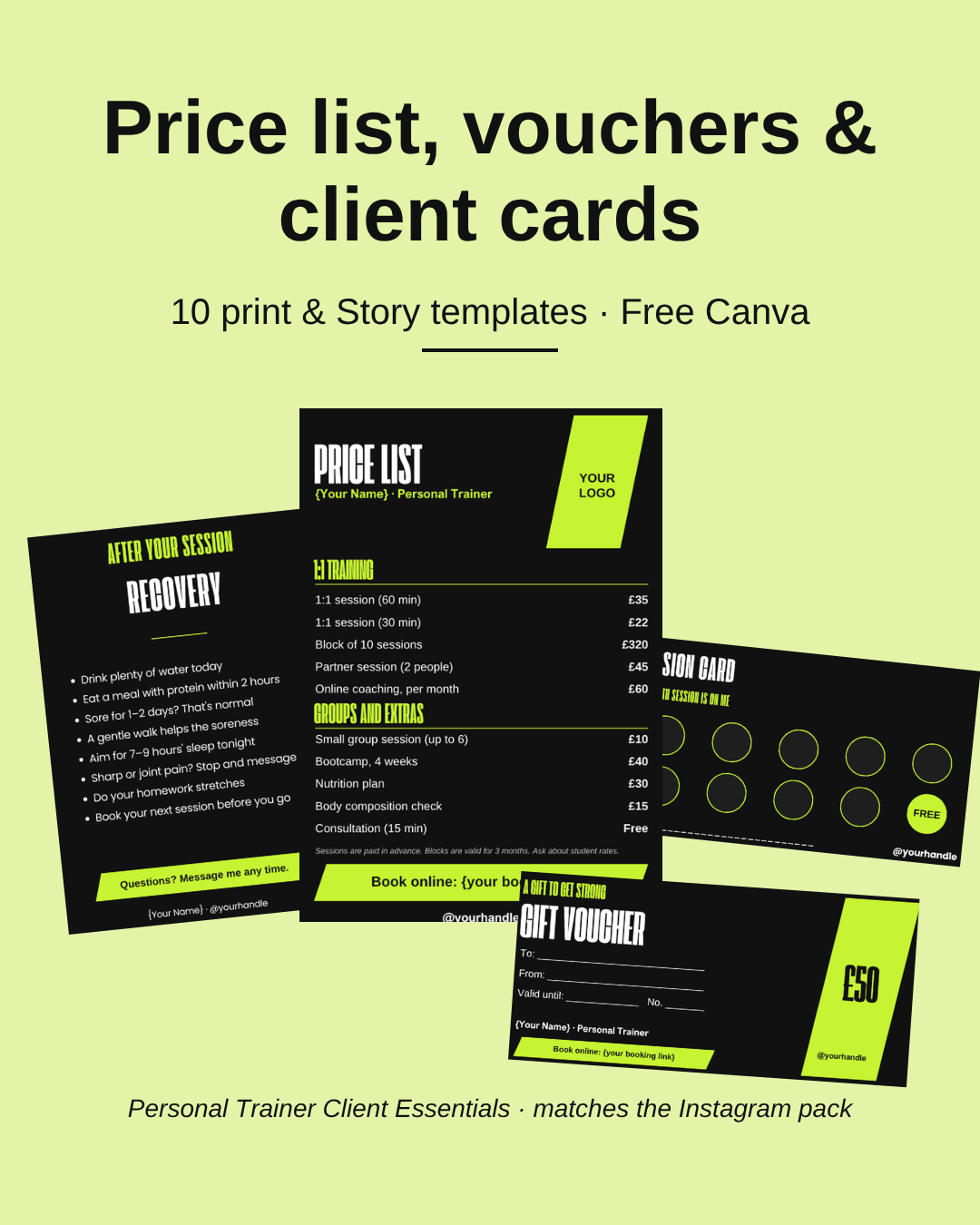 Personal trainer price list, gift voucher, session card and recovery card templates