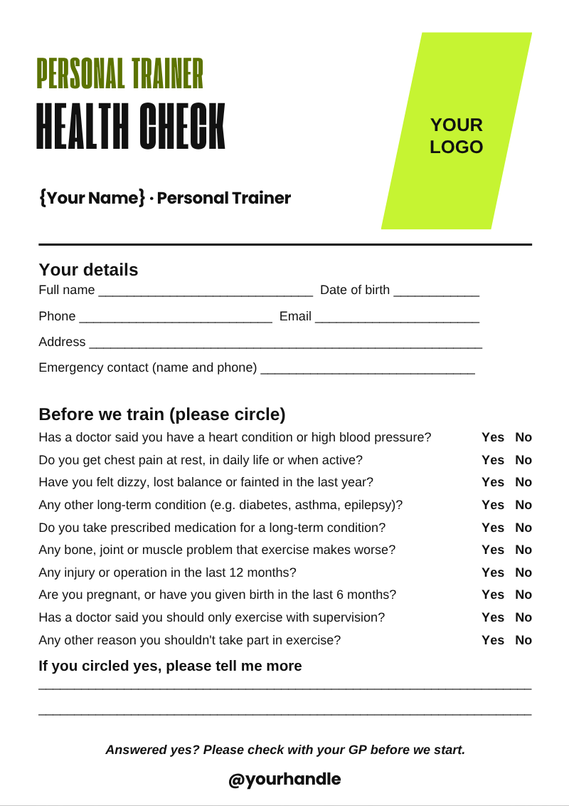 Personal trainer PAR-Q style health check form template