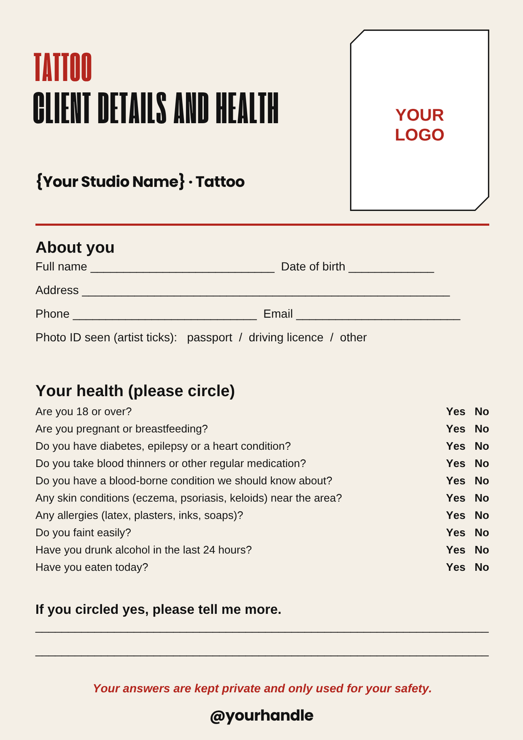 Tattoo client details and health form