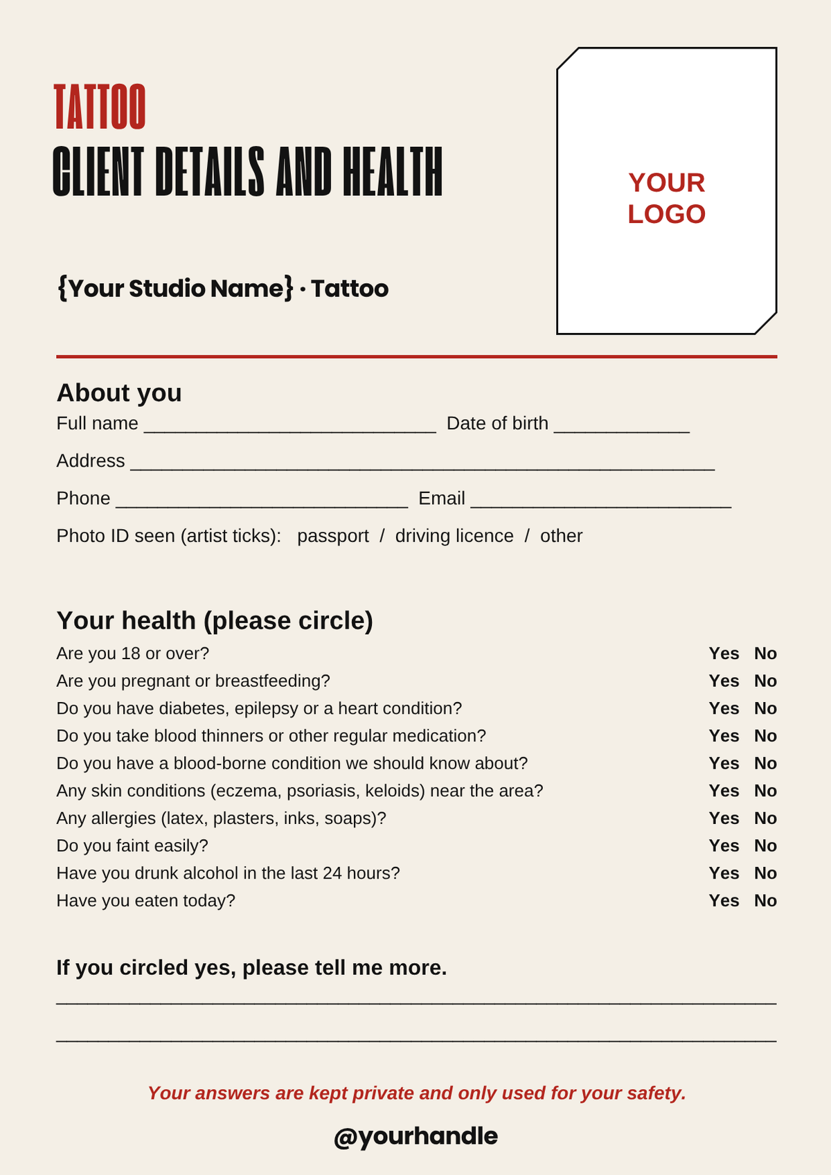Tattoo client details and health form
