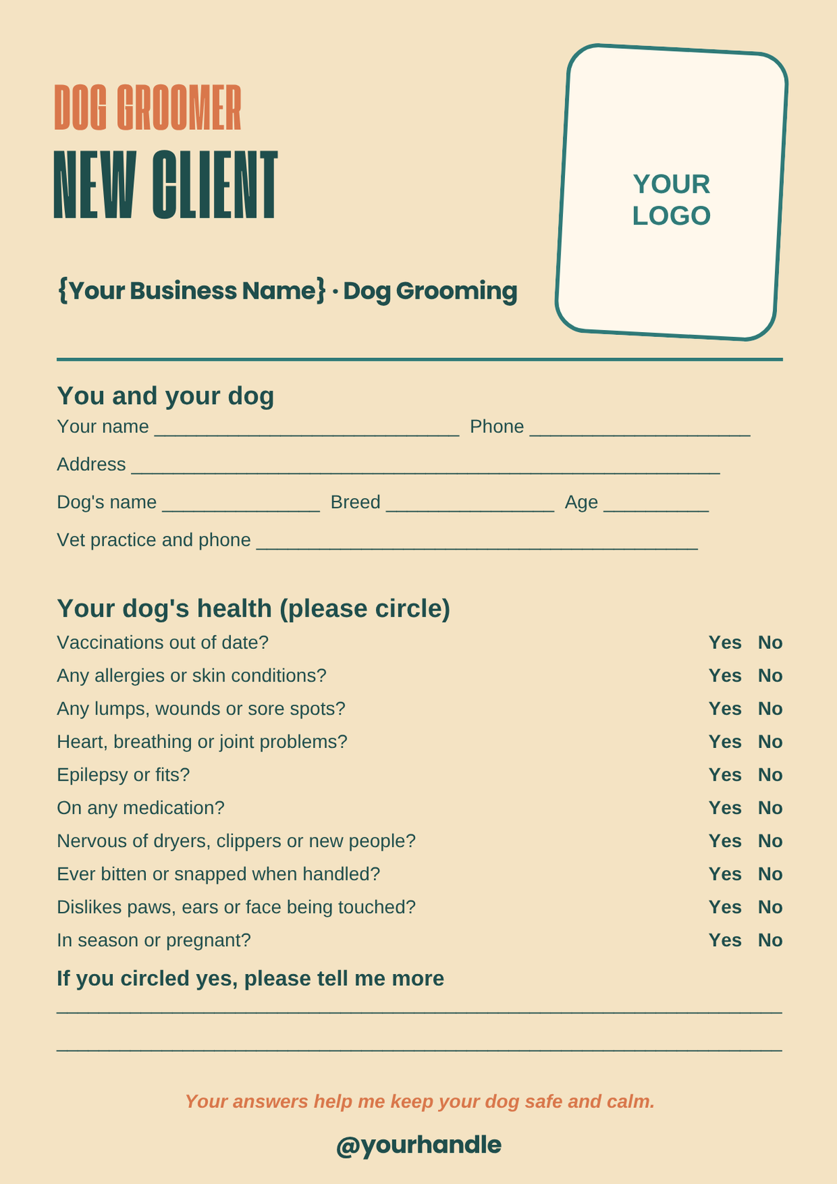 Dog grooming new client form template