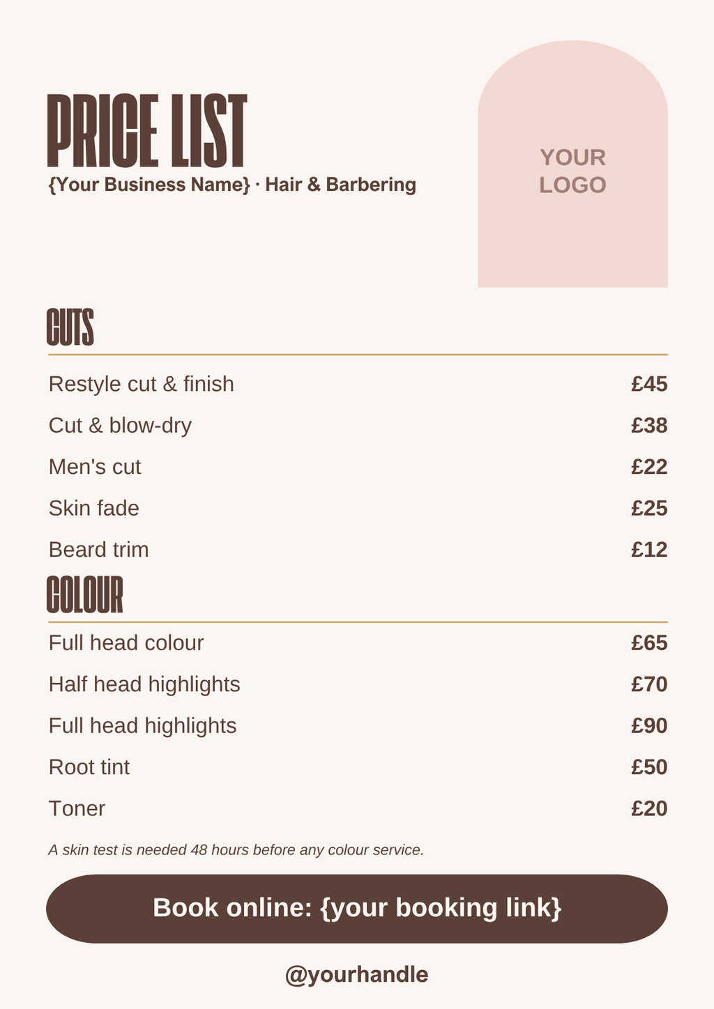 Hair and barber price list template, mocha A4 style
