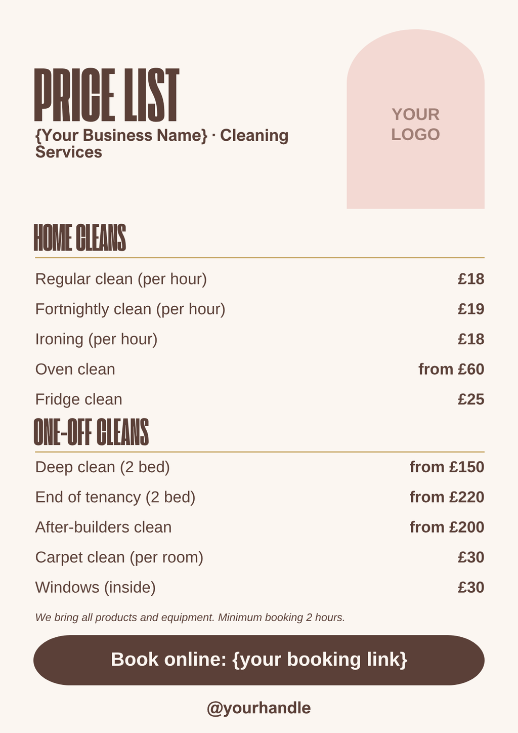 Cleaning business price list template, A4