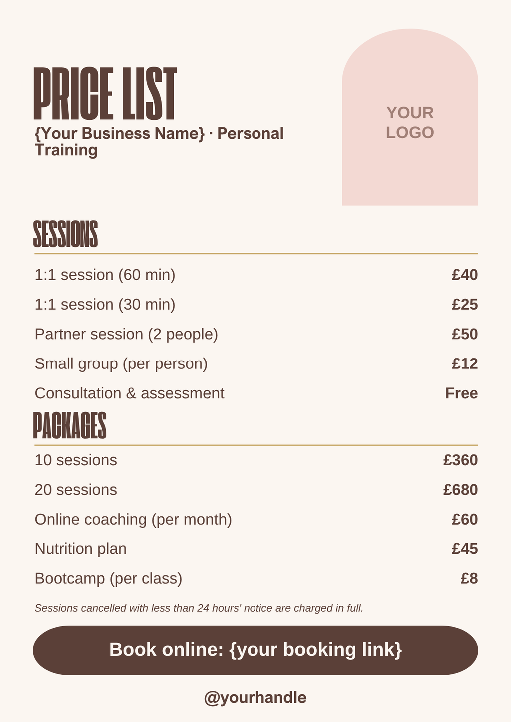 Personal trainer price list template, mocha A4 style