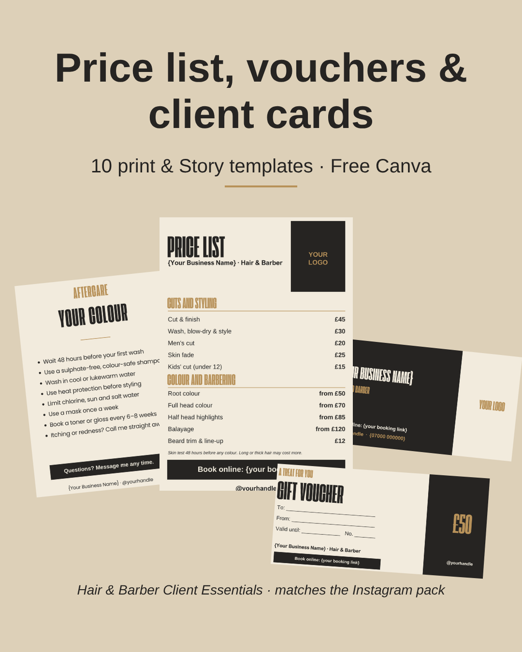 Hairdresser and barber price list, gift voucher, loyalty card and aftercare card templates