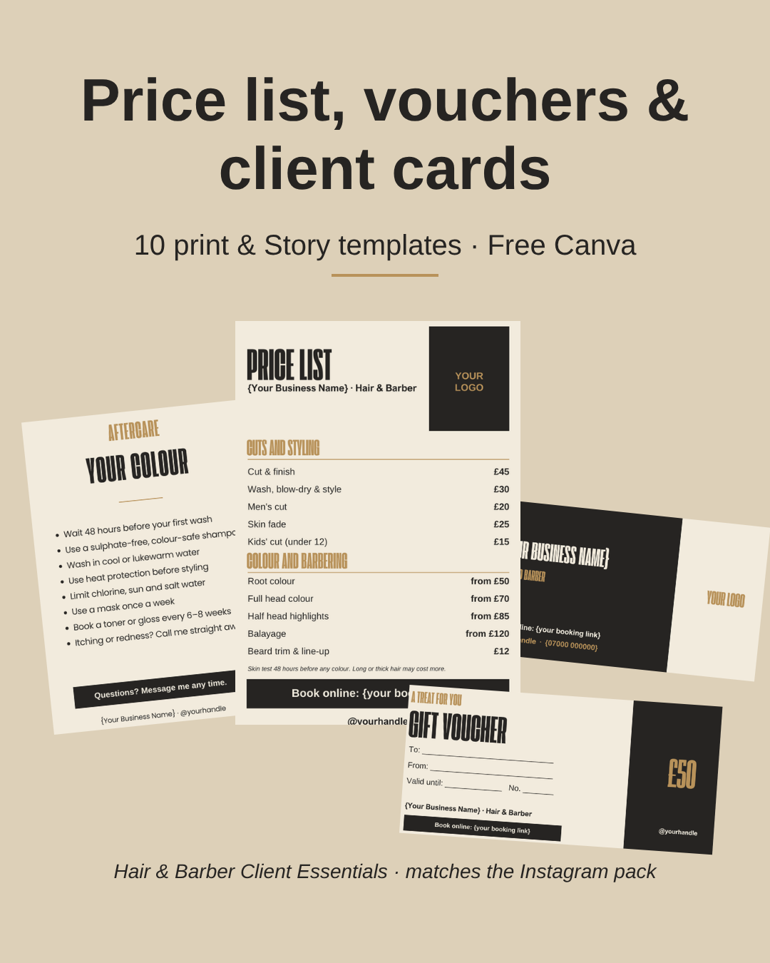 Hairdresser and barber price list, gift voucher, loyalty card and aftercare card templates