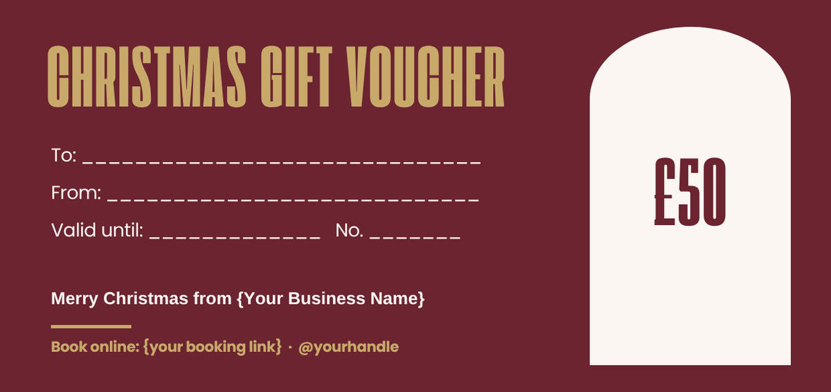 Berry and gold Christmas gift voucher template for hairdressers and barbers
