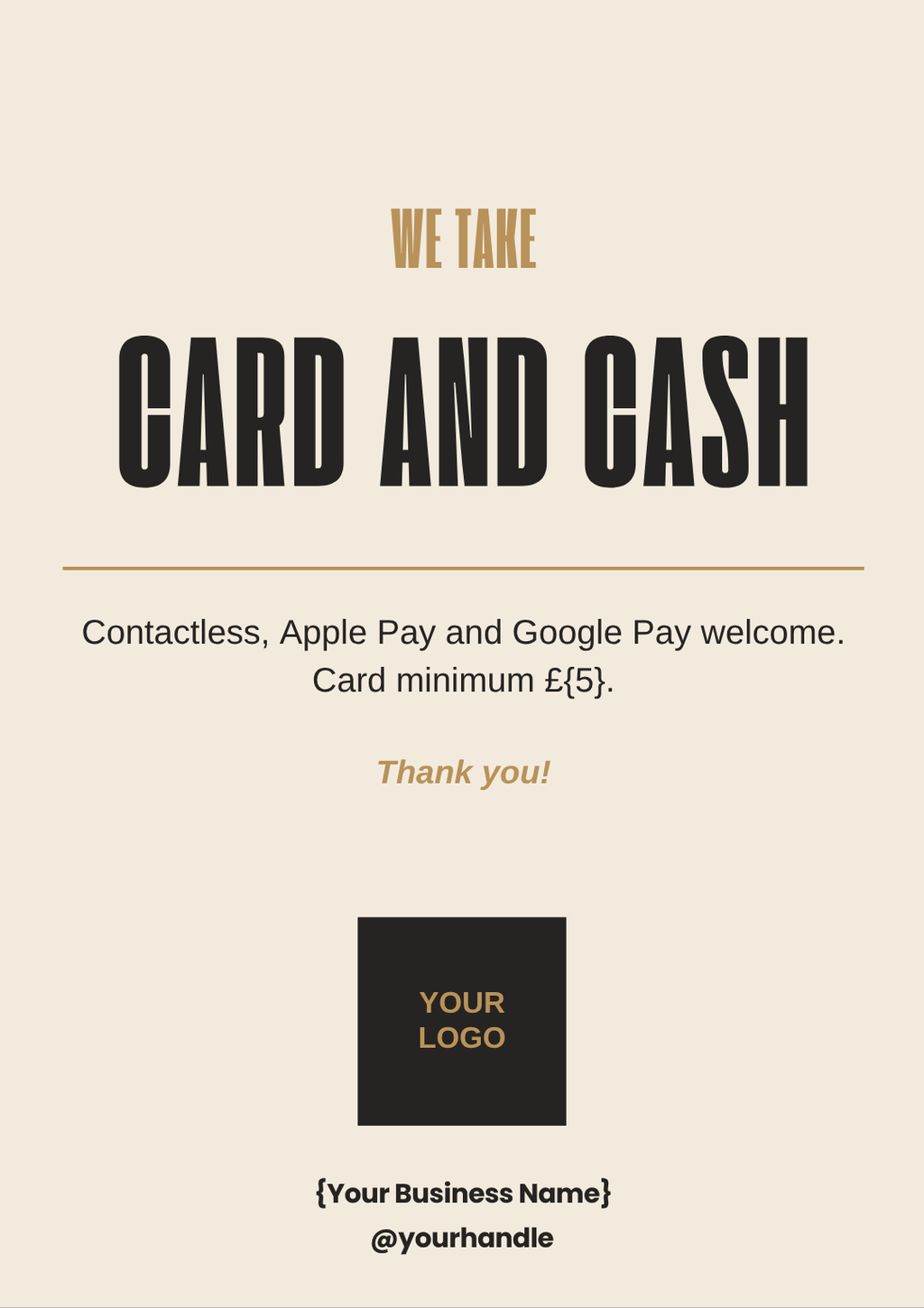 Printable A4 salon sign: We take card and cash, with space for your logo and business name