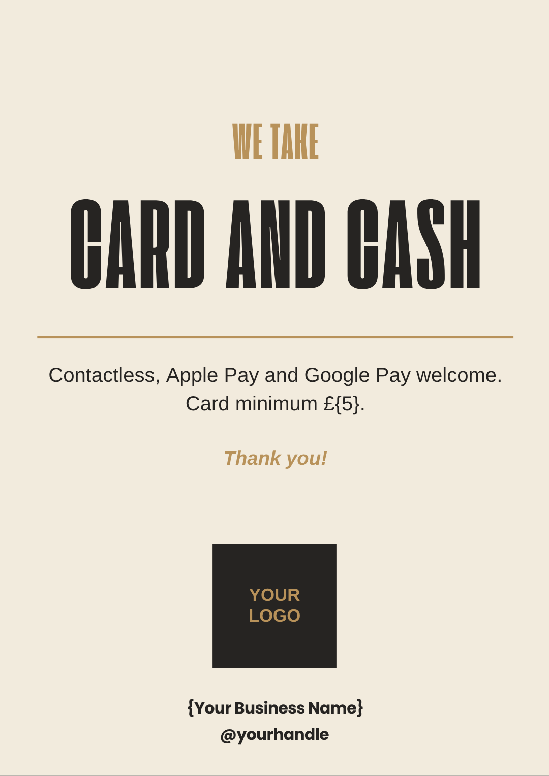 Printable A4 salon sign: We take card and cash, with space for your logo and business name