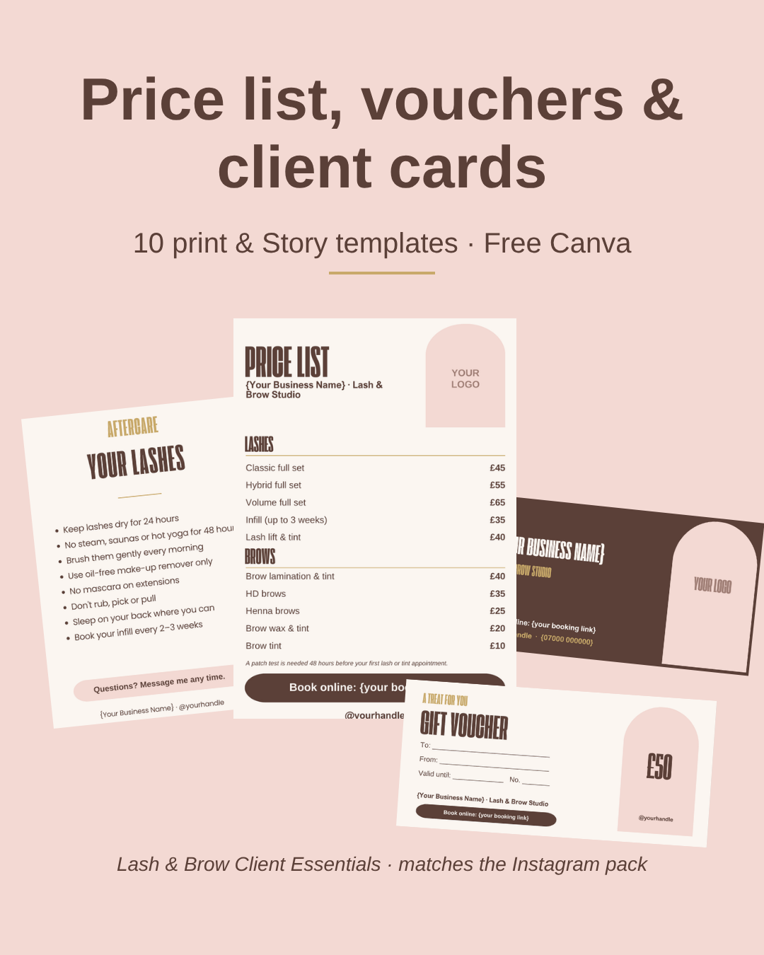 Lash & Brow Client Essentials: price list, vouchers, loyalty and aftercare card templates