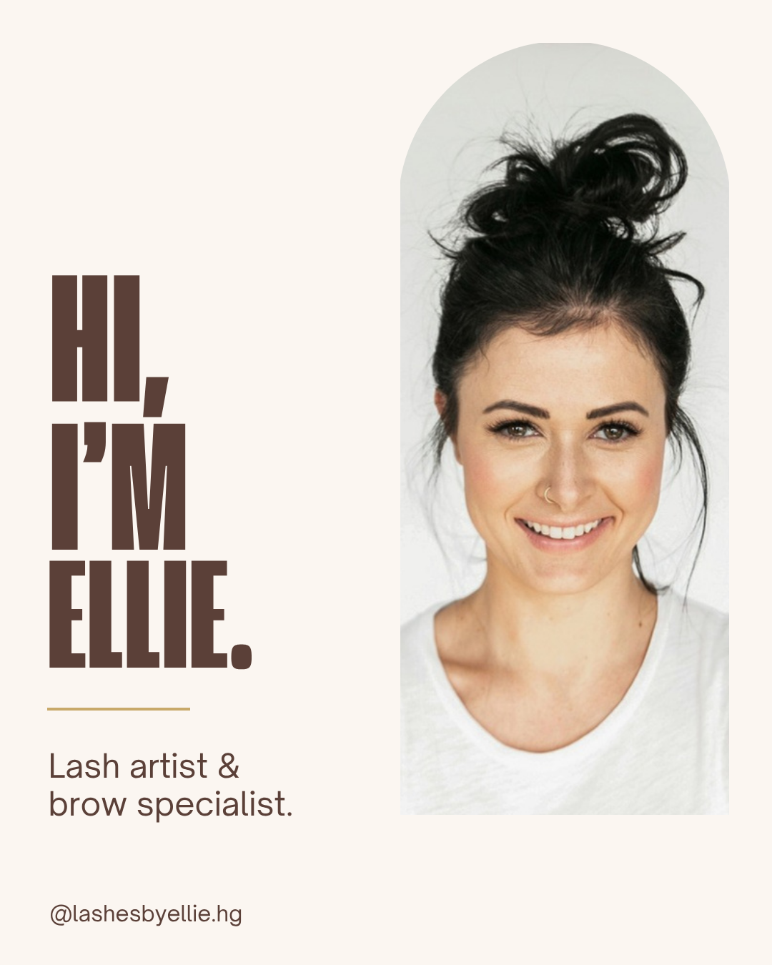 Lash & Brow template filled in: 'Hi, I'm Ellie' lash artist intro post with photo