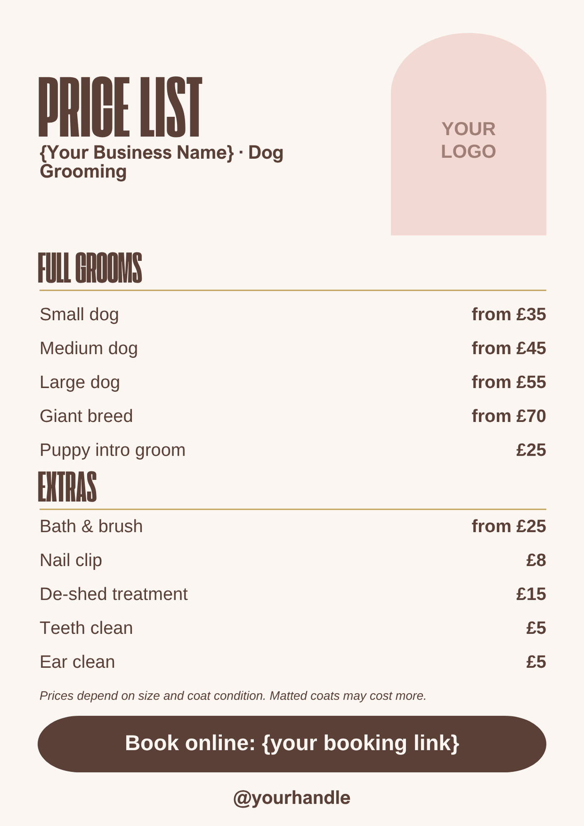 Dog grooming price list template, mocha A4 style
