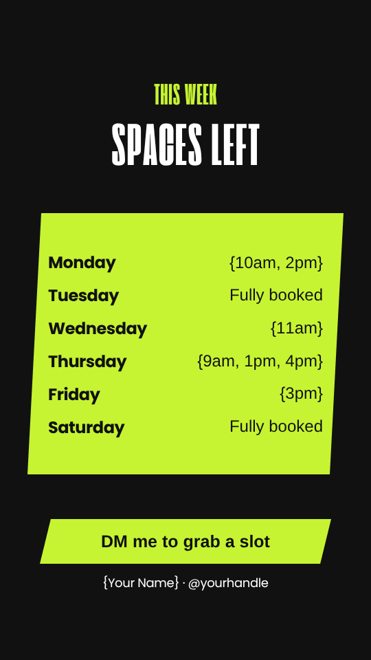 Personal trainer spaces left this week Story template