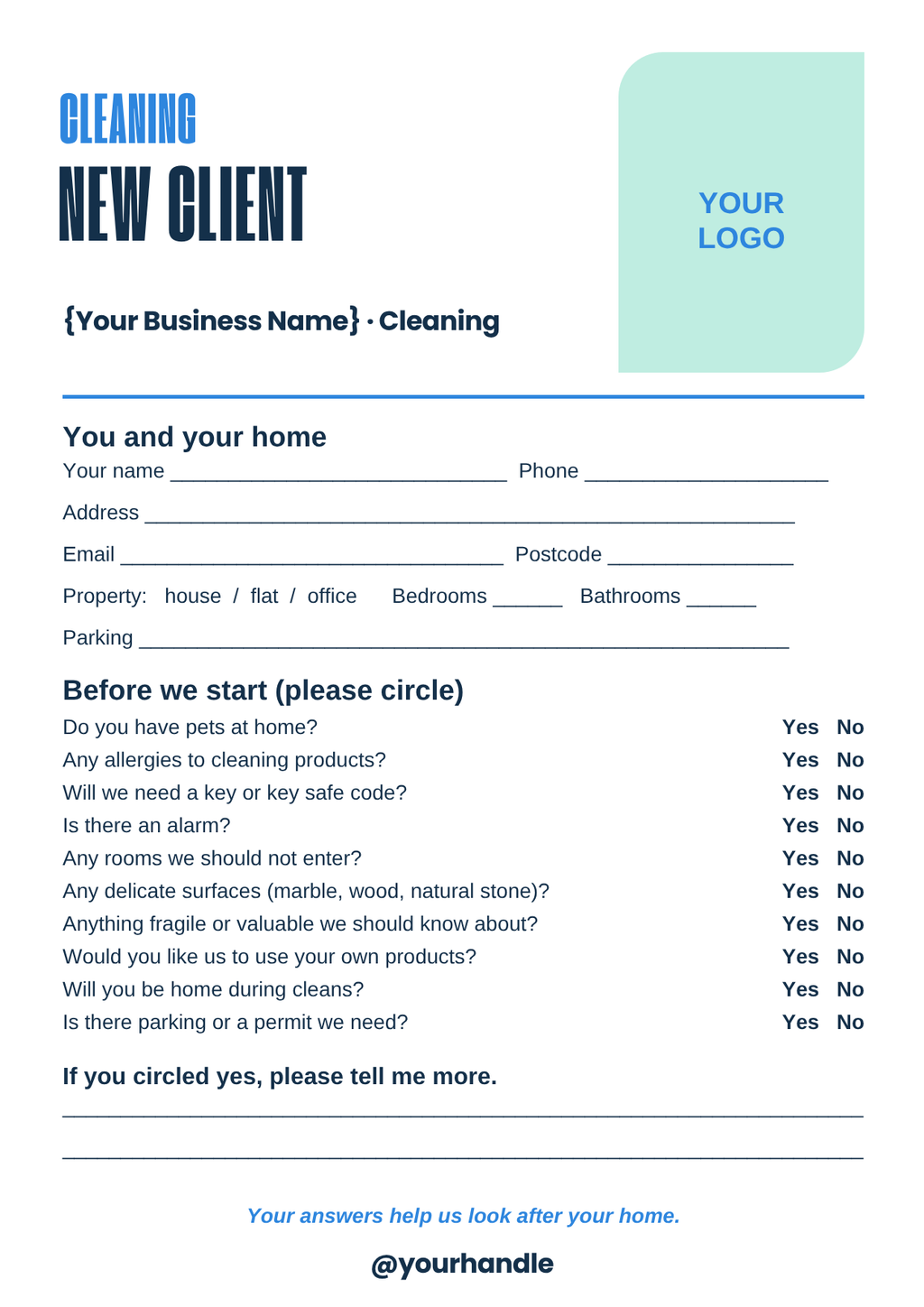 Cleaning business new client form template