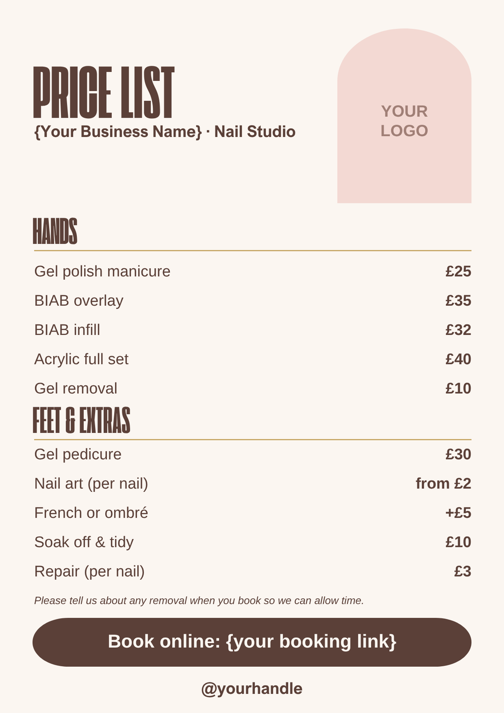Nail price list template, mocha A4 style