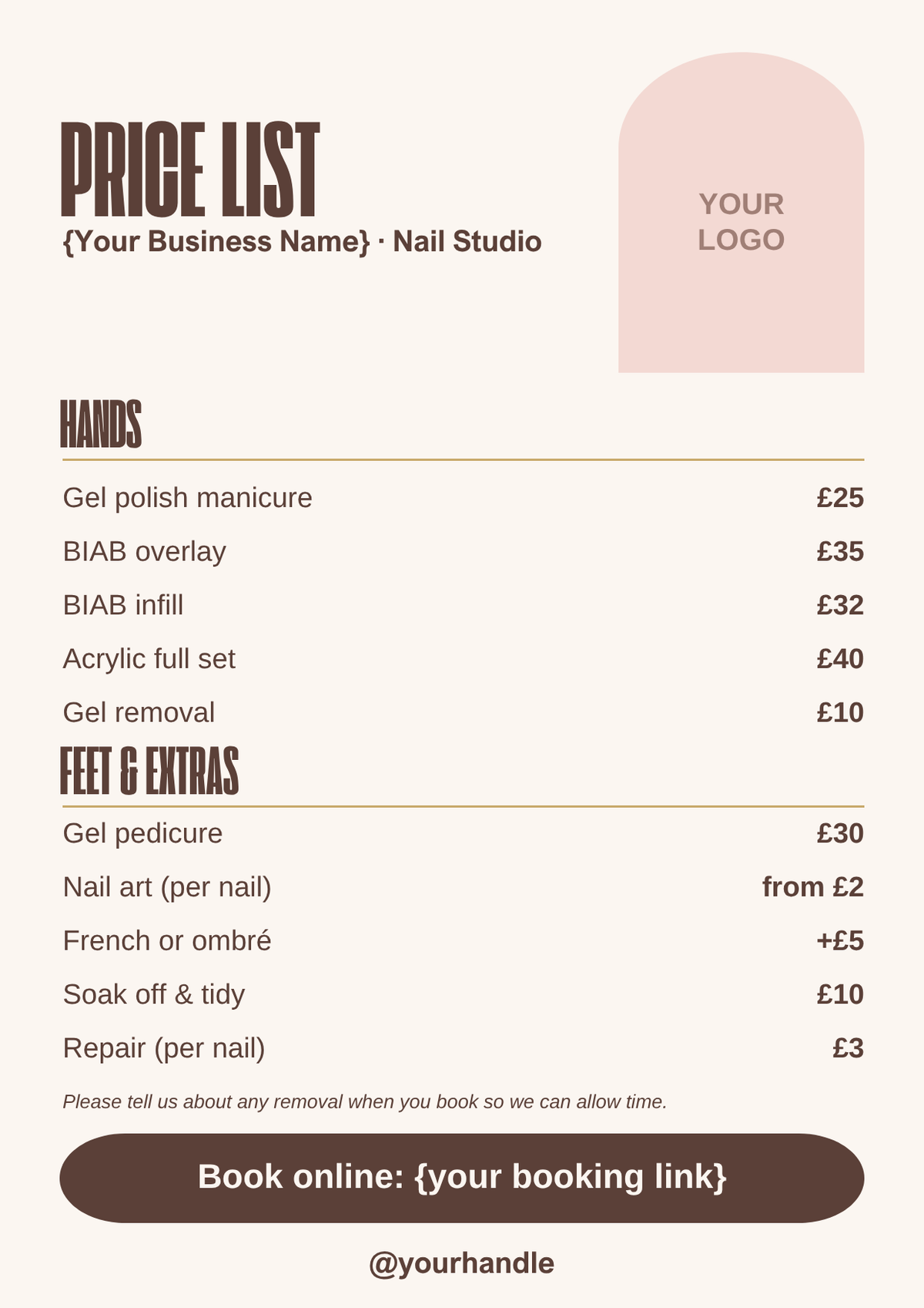 Nail price list template, mocha A4 style