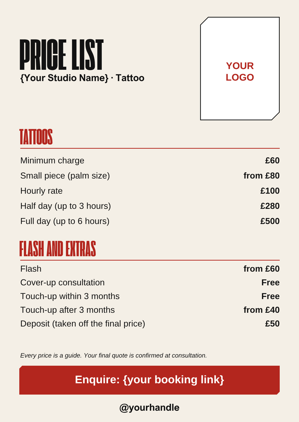 Tattoo artist price list template