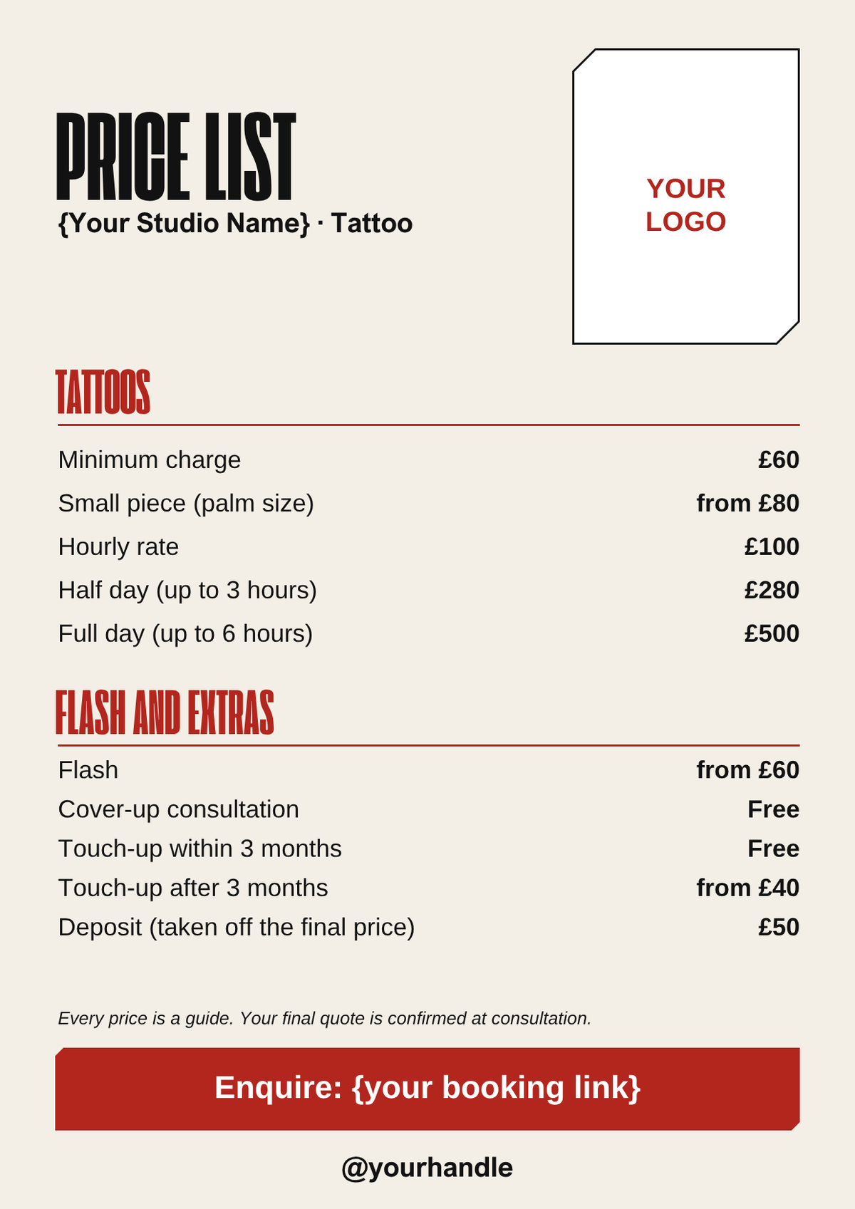 Tattoo artist price list template