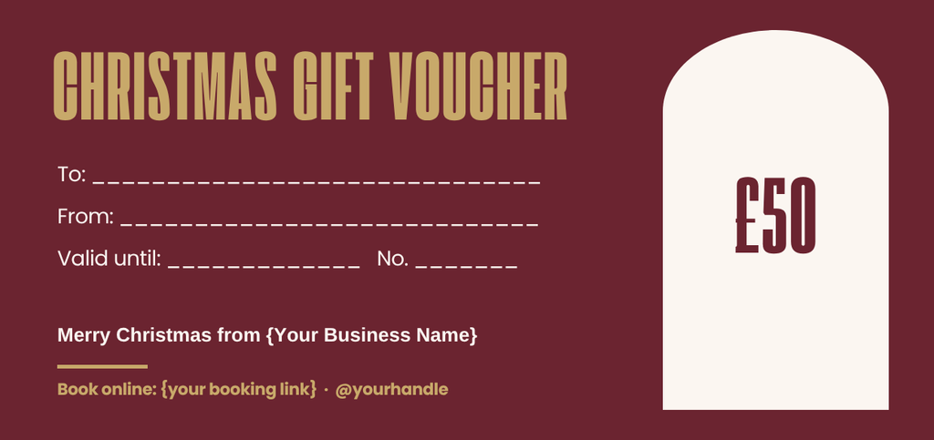 Berry and gold Christmas gift voucher template for cleaners