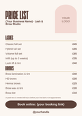 Lash and brow price list template, A4, mocha and blush