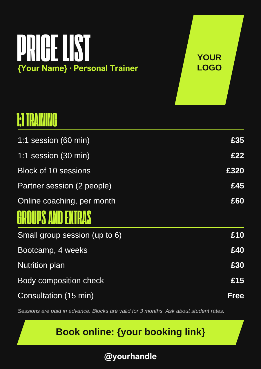Personal trainer price list template