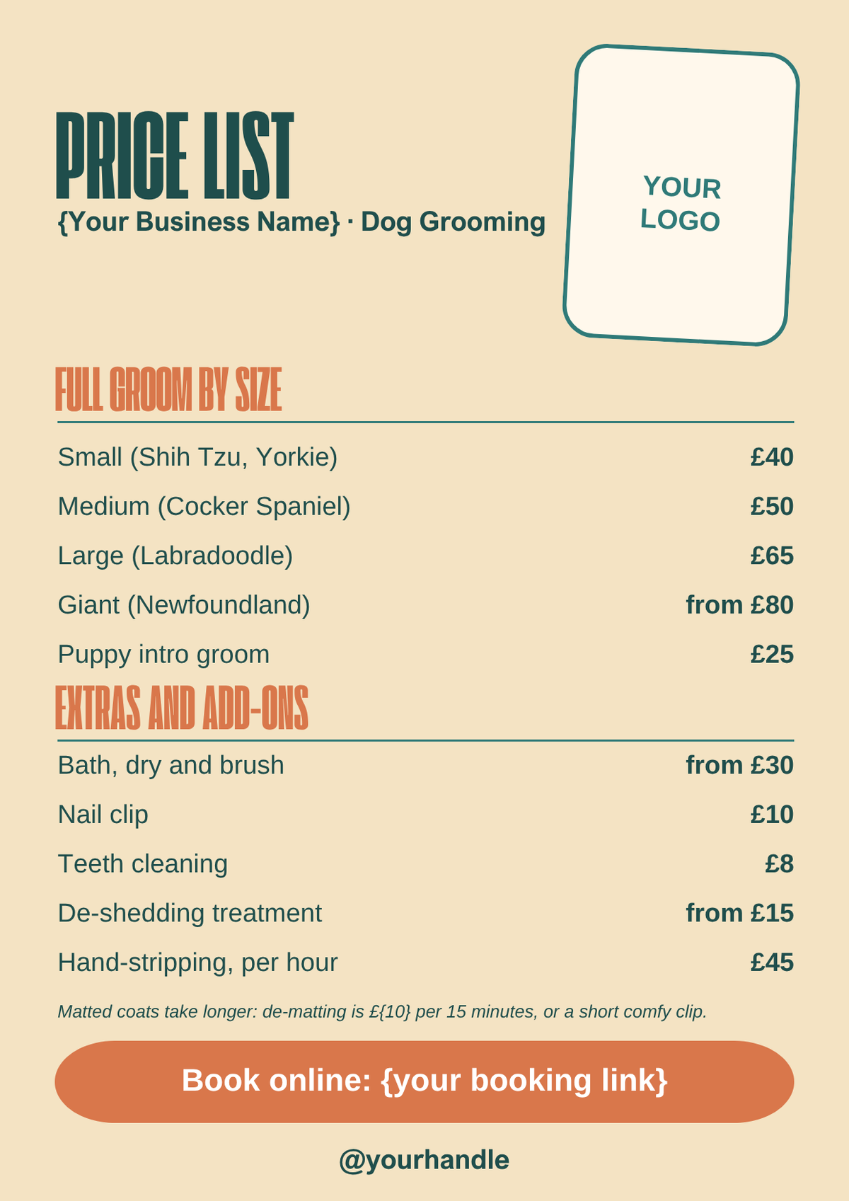 Dog groomer price list template