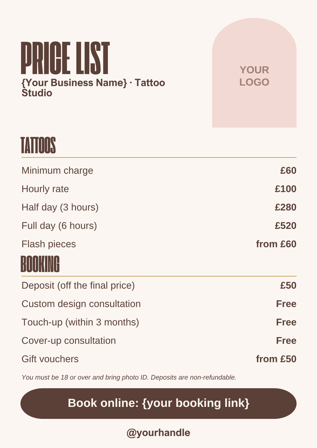 Tattoo price list template, mocha A4 style