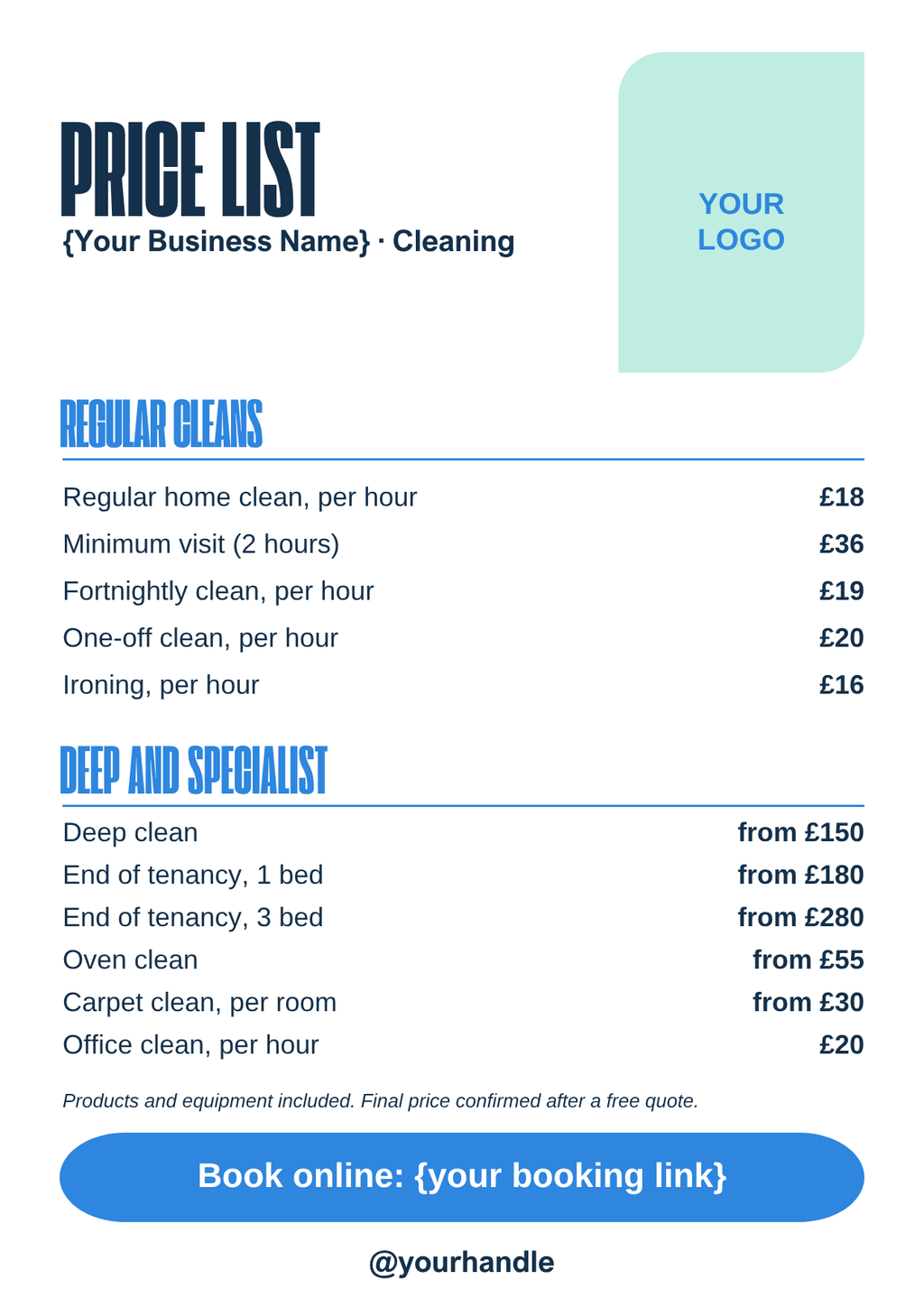 Cleaning business price list template