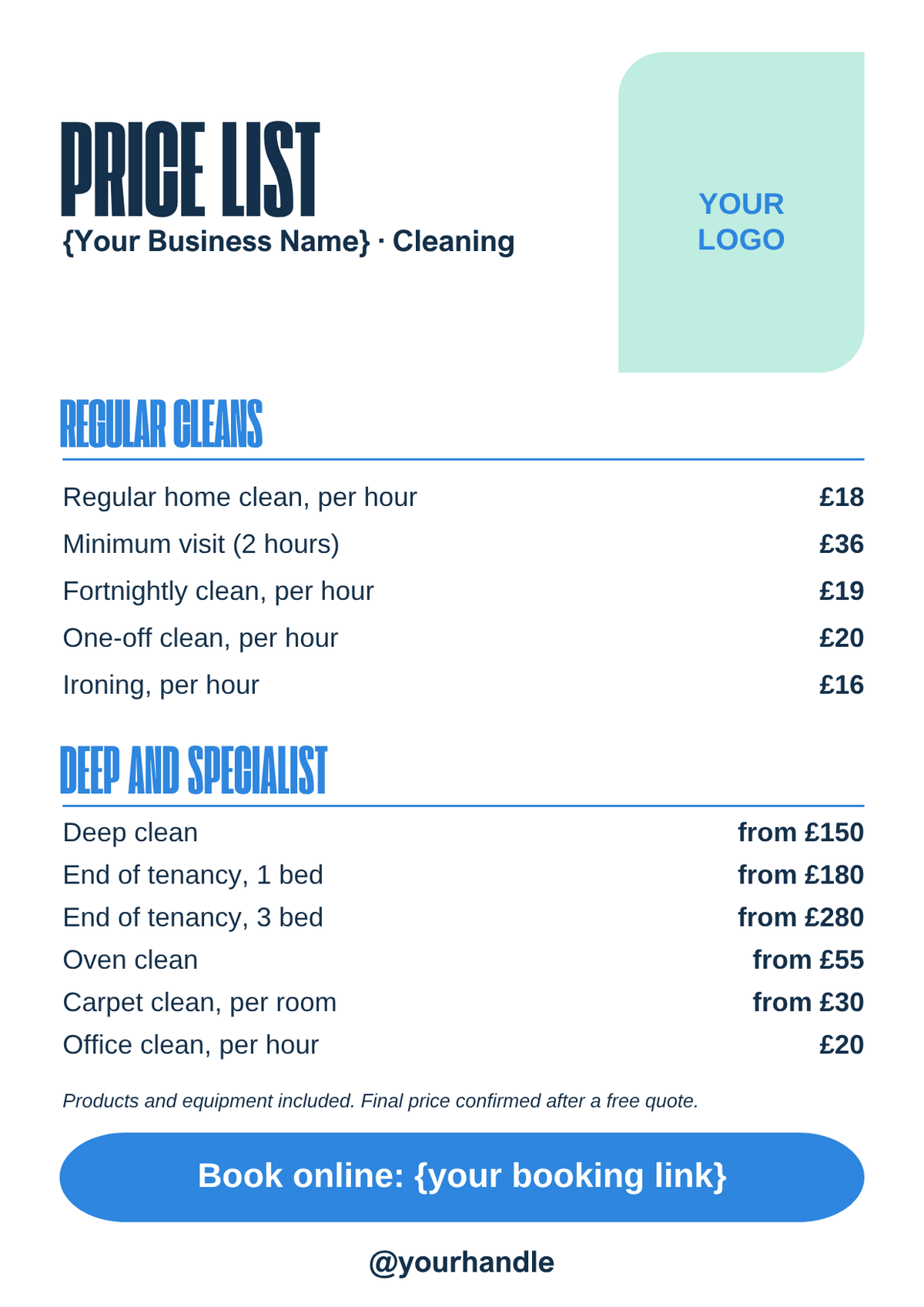 Cleaning business price list template
