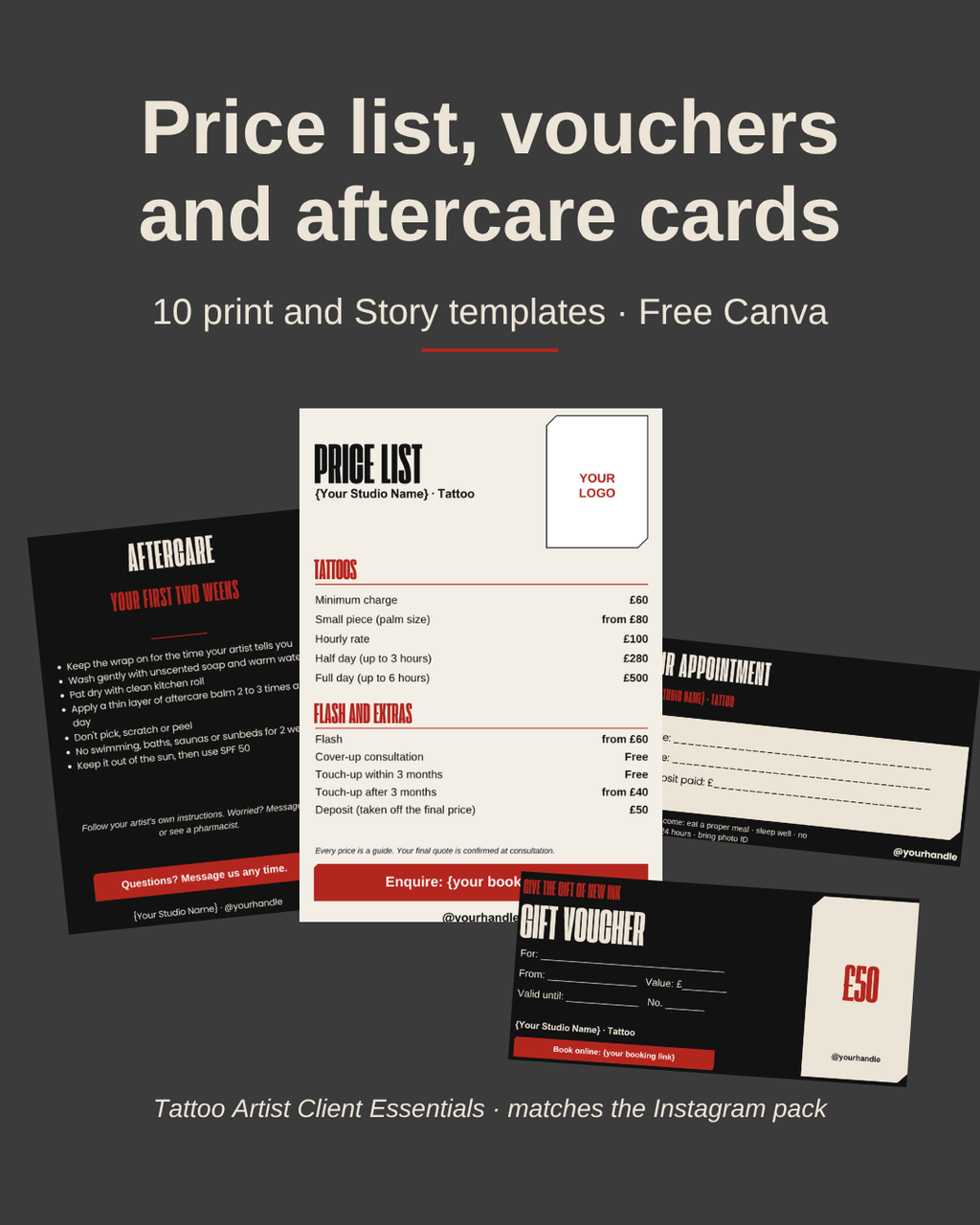 Tattoo Artist Client Essentials: price list, vouchers, appointment and aftercare cards
