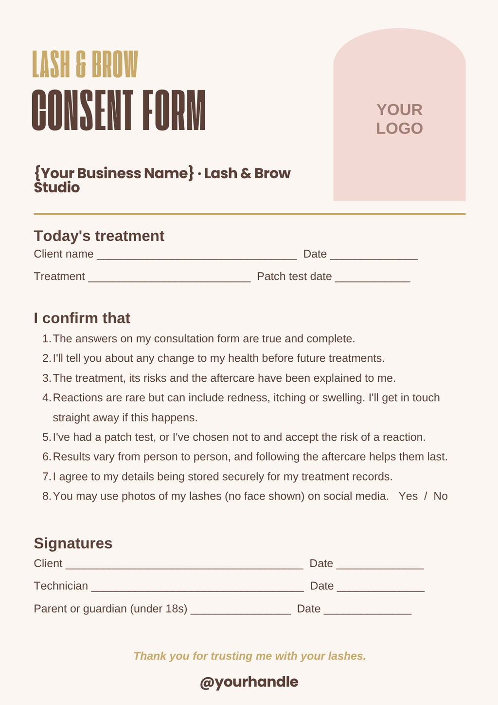 Lash and brow treatment consent form template, A4