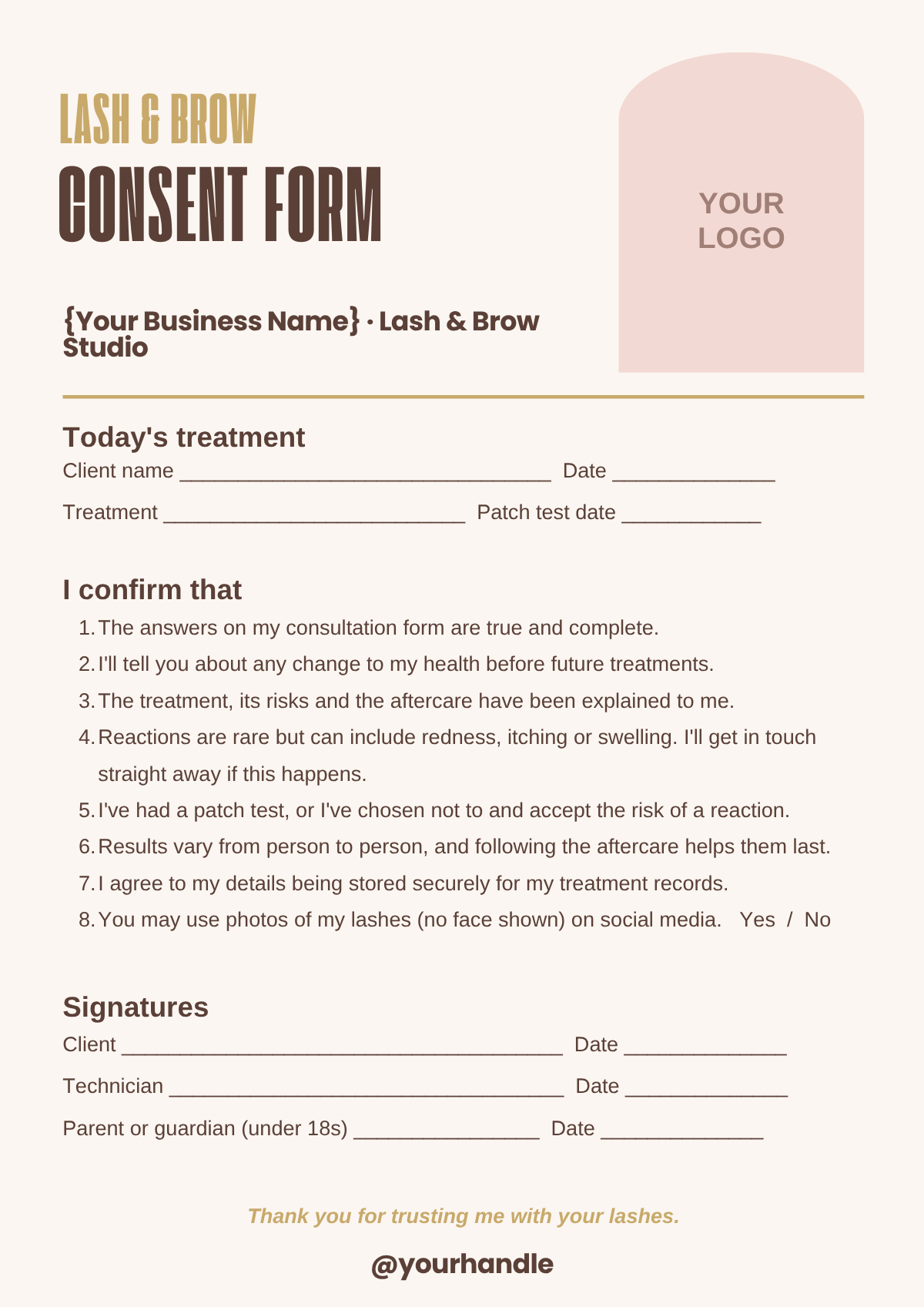 Lash and brow treatment consent form template, A4