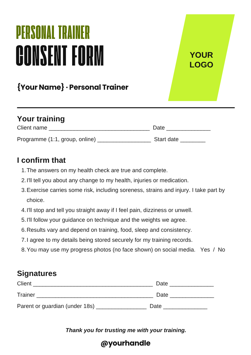 Personal trainer consent form template
