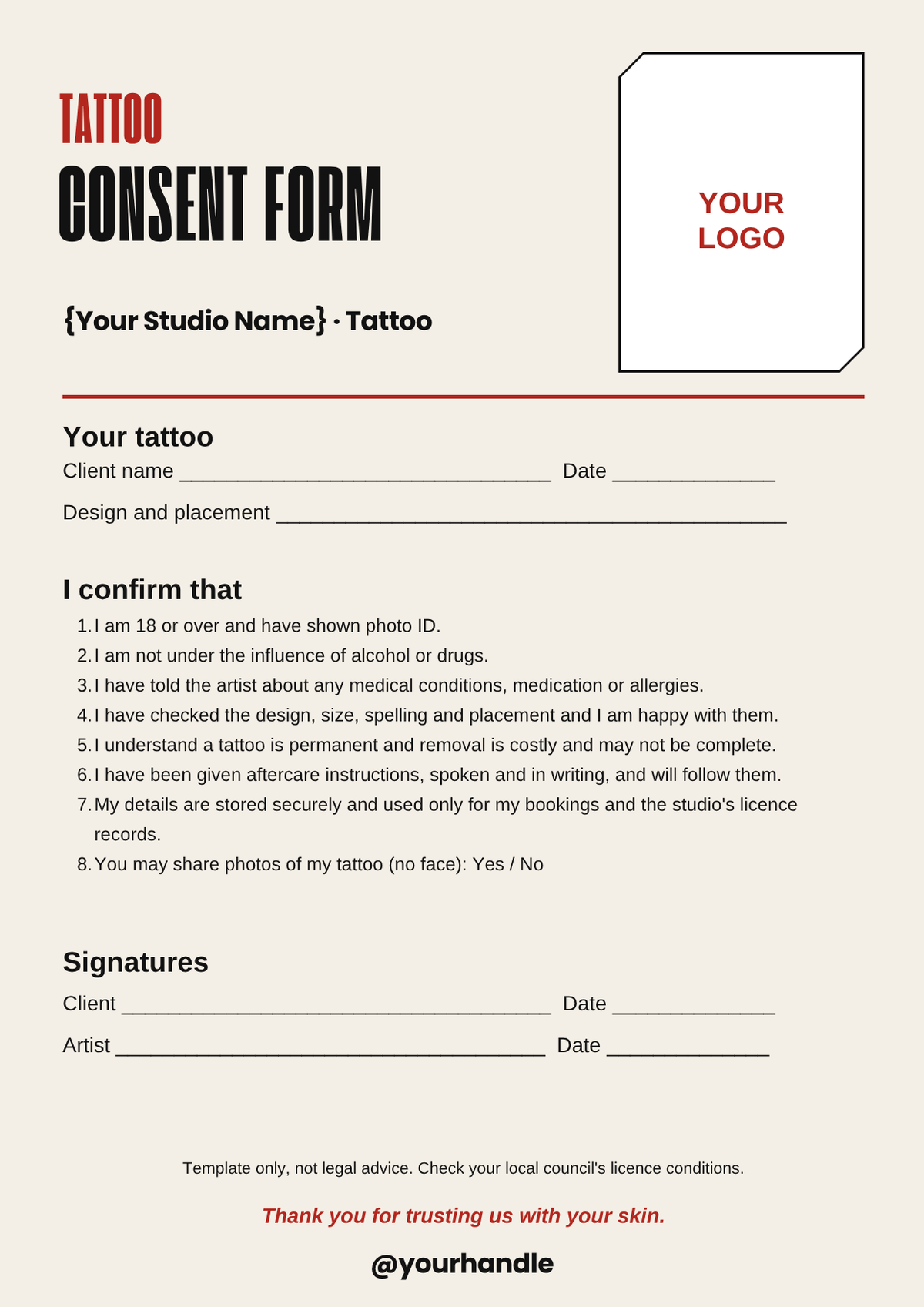 Tattoo consent form template