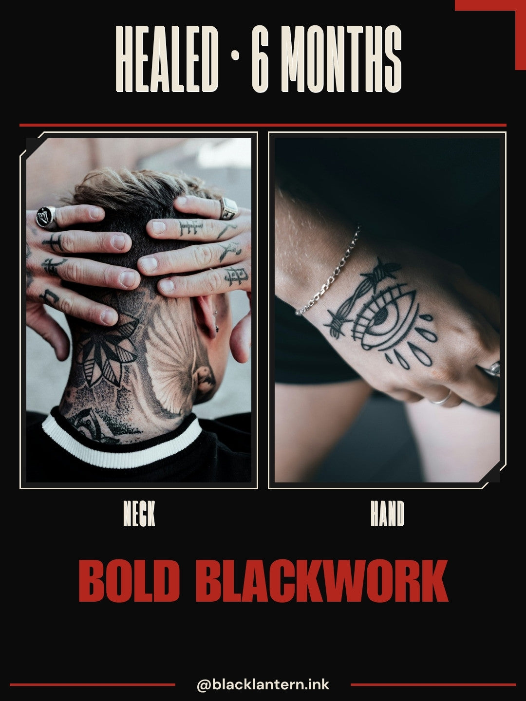 Example tattoo post filled in: Healed 6 months, two healed blackwork pieces side by side
