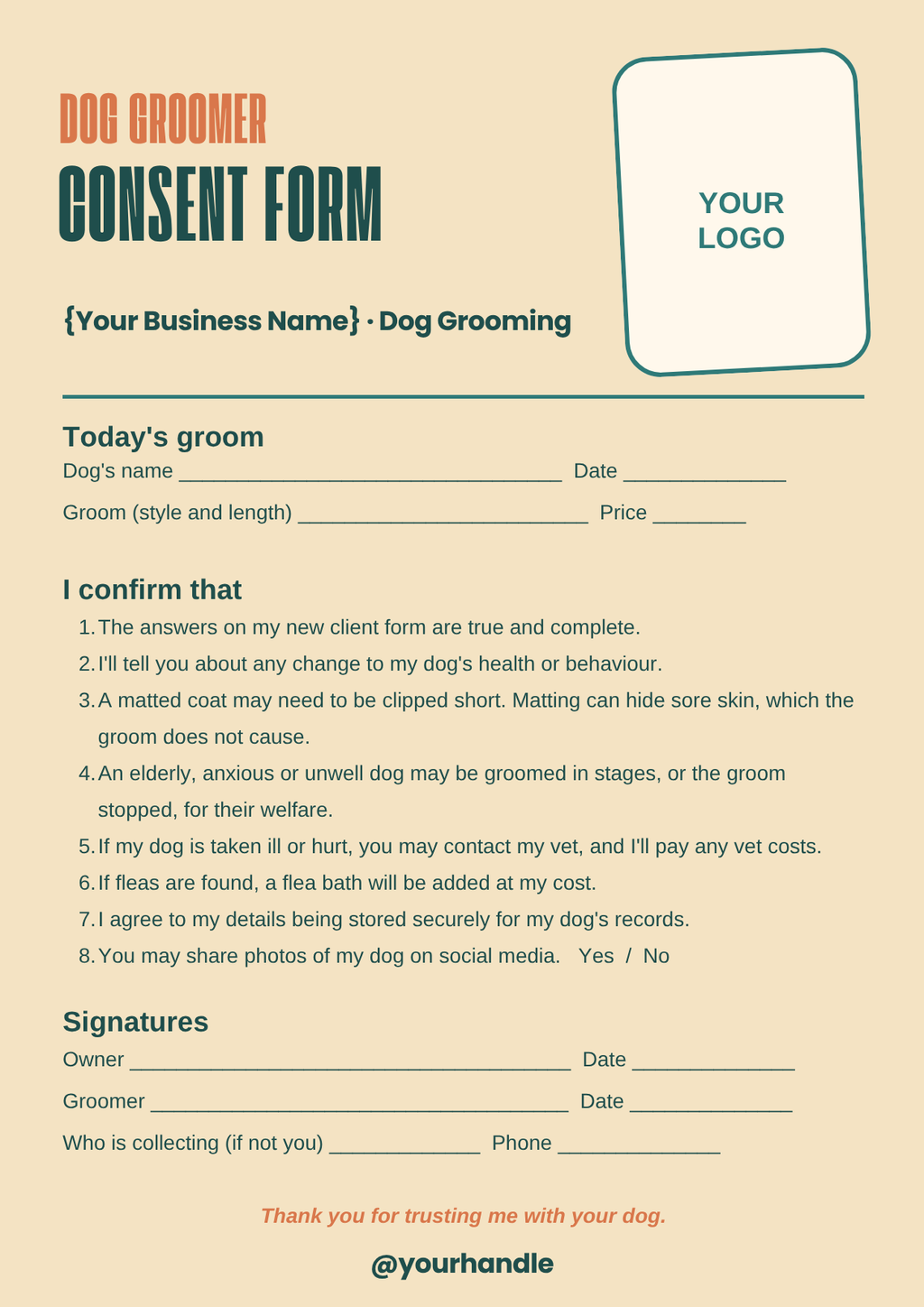 Dog grooming consent form template