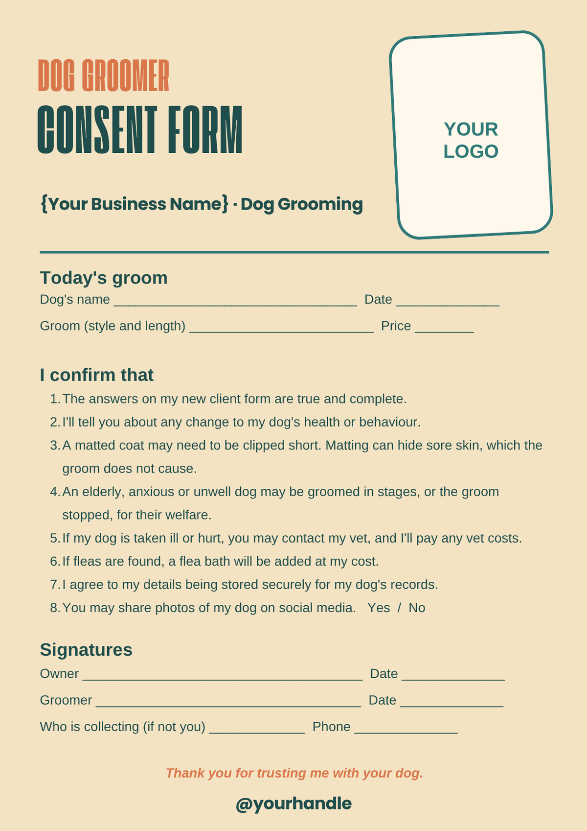 Dog grooming consent form template