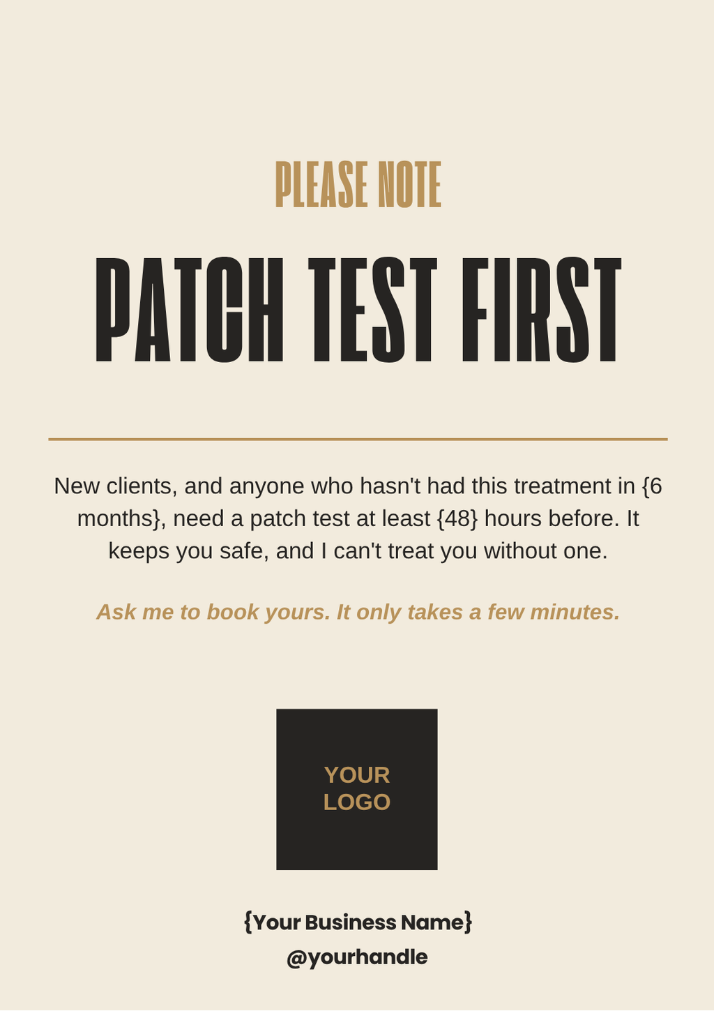 Printable A4 salon sign: Patch test first, 48 hours before treatment