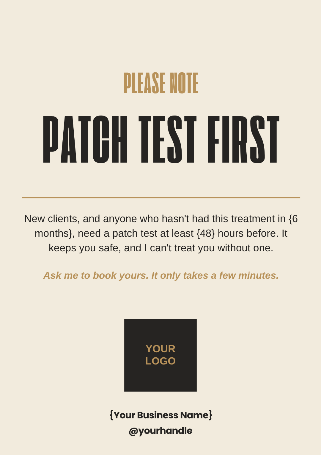 Printable A4 salon sign: Patch test first, 48 hours before treatment