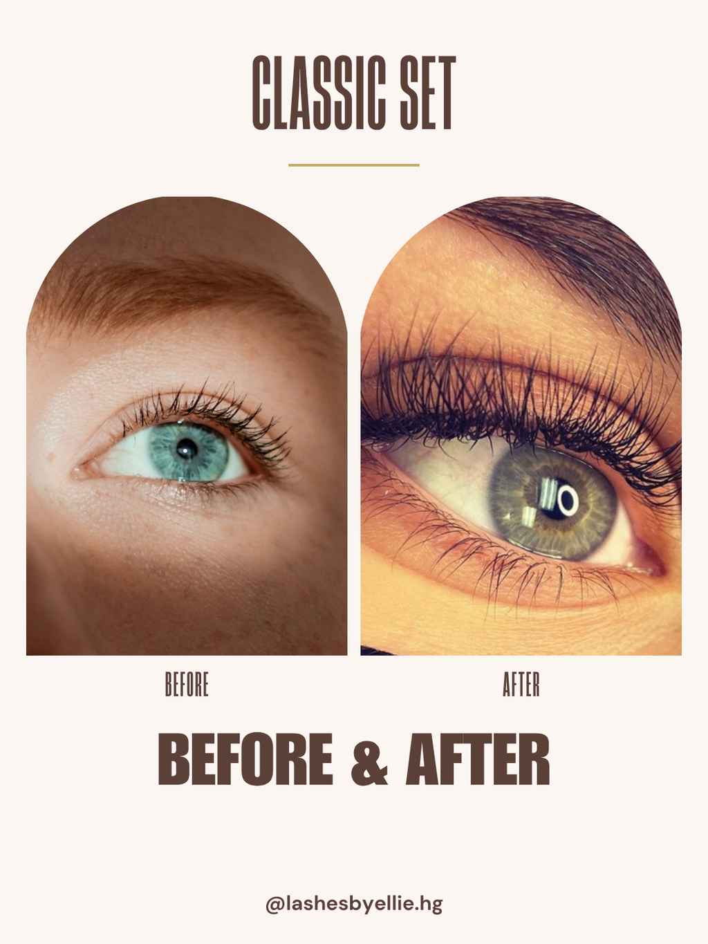 Lash & Brow template filled in: classic lash set before and after post
