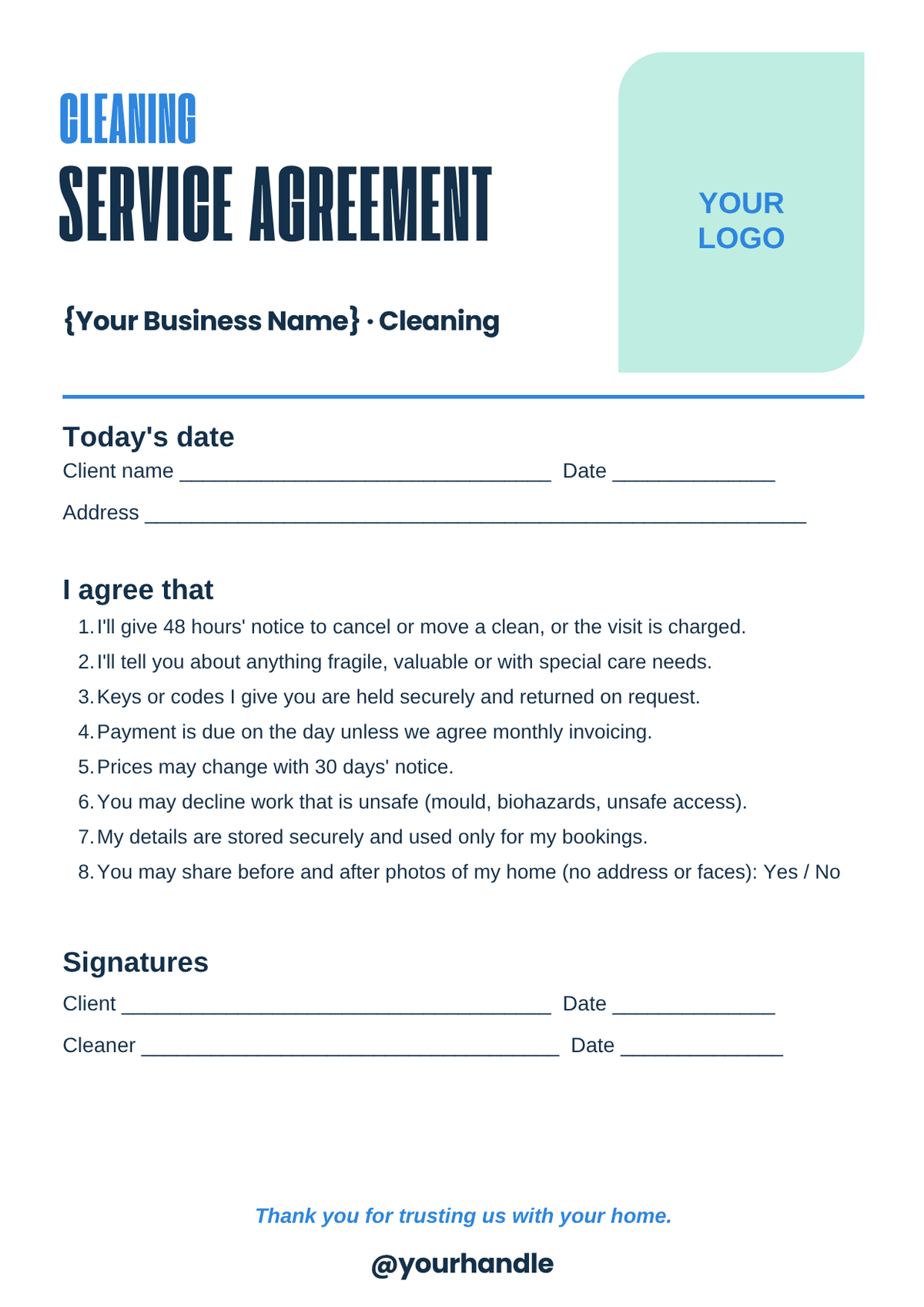 Cleaning service agreement template