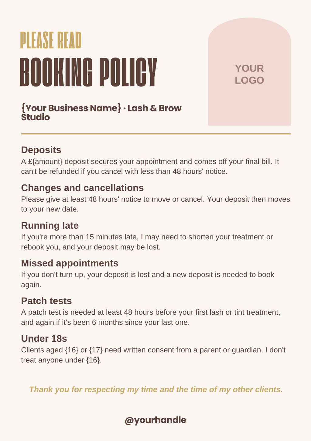 Lash and brow booking and cancellation policy template, A4