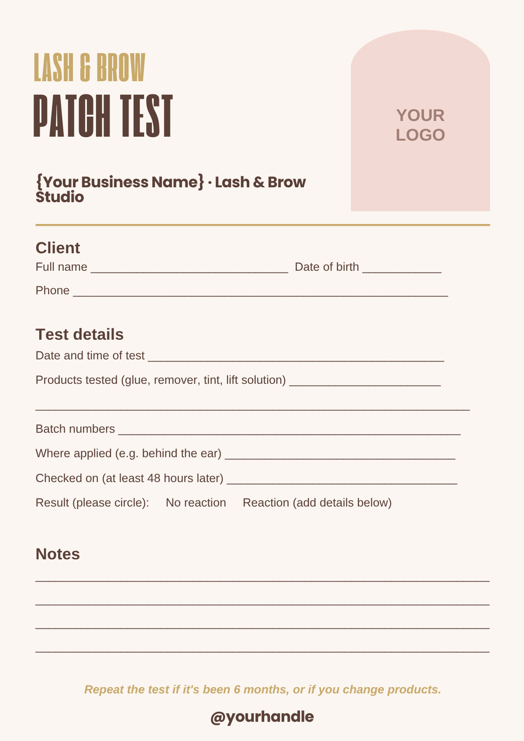 Patch test record template for lash and brow techs