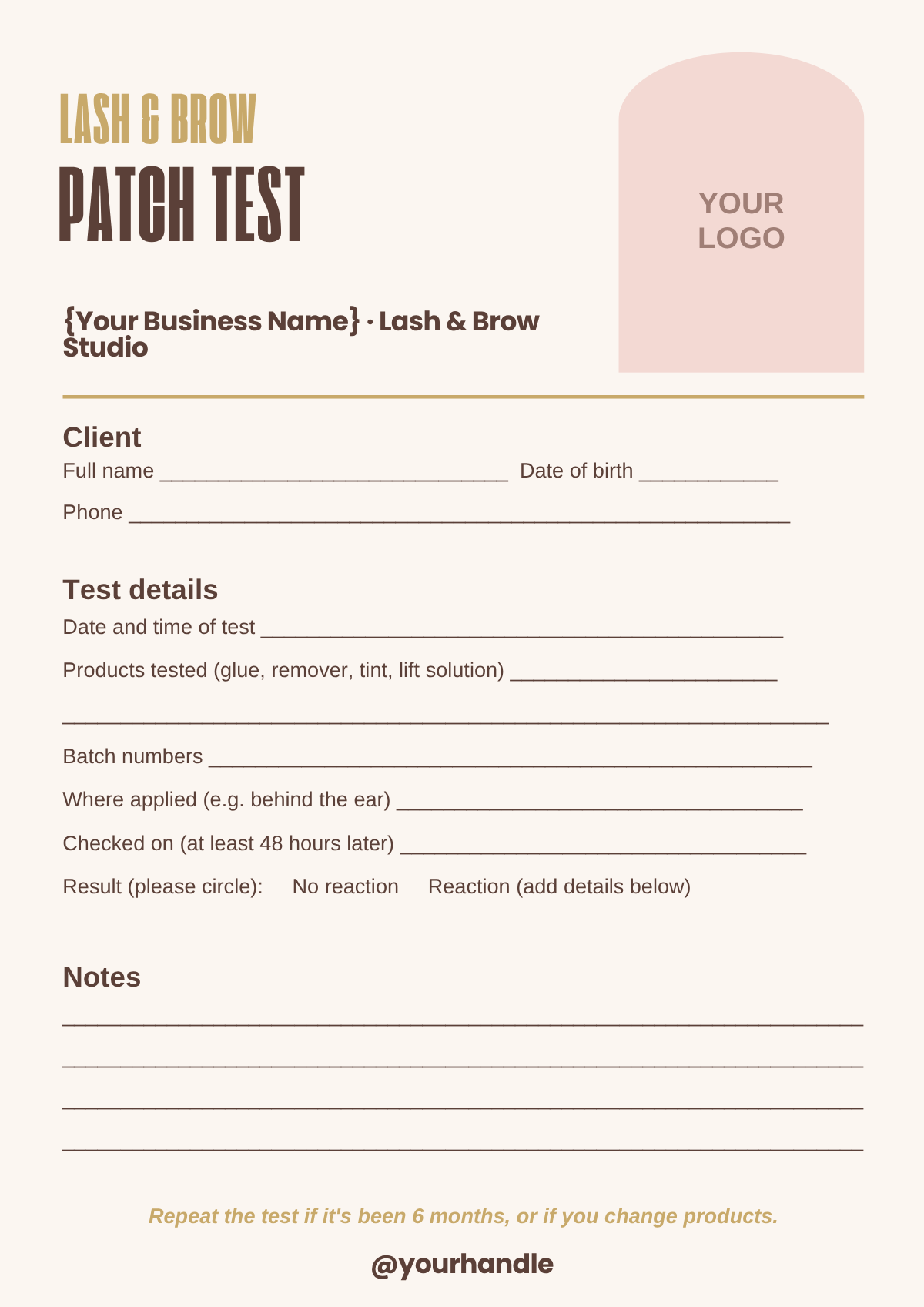 Patch test record template for lash and brow techs