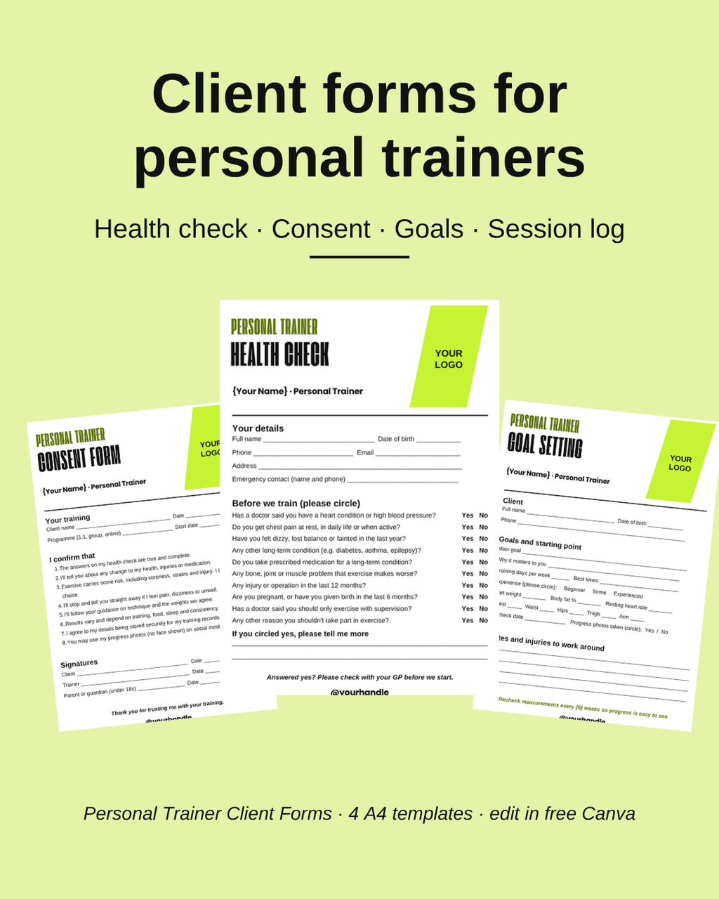 Personal trainer health check, consent and goal setting form templates