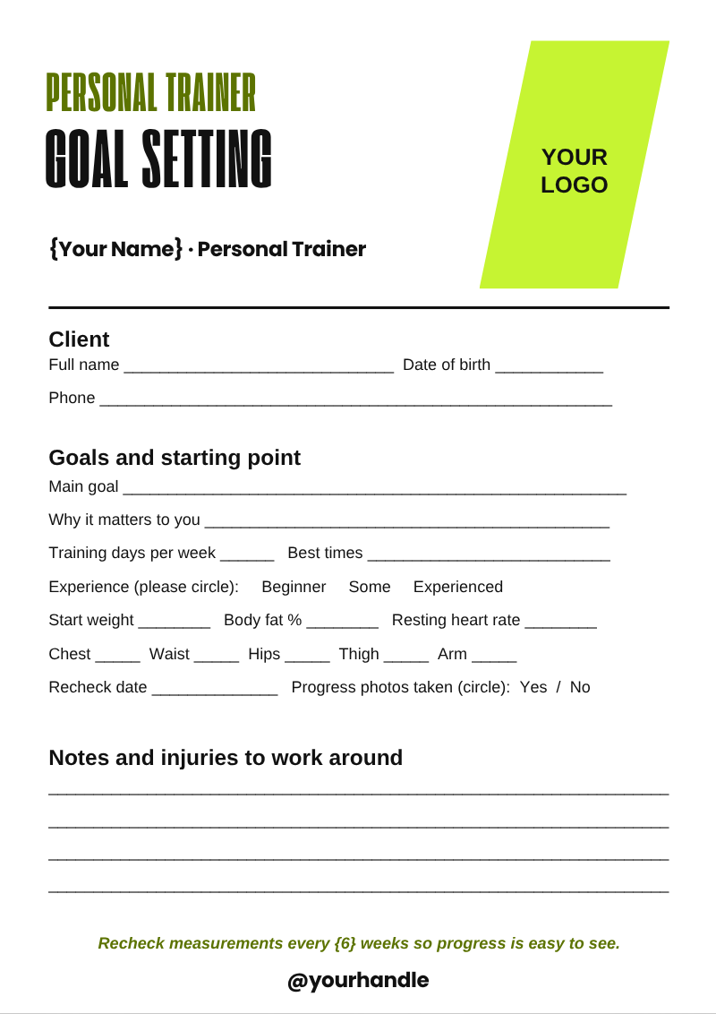 Personal trainer goal setting and measurements form template