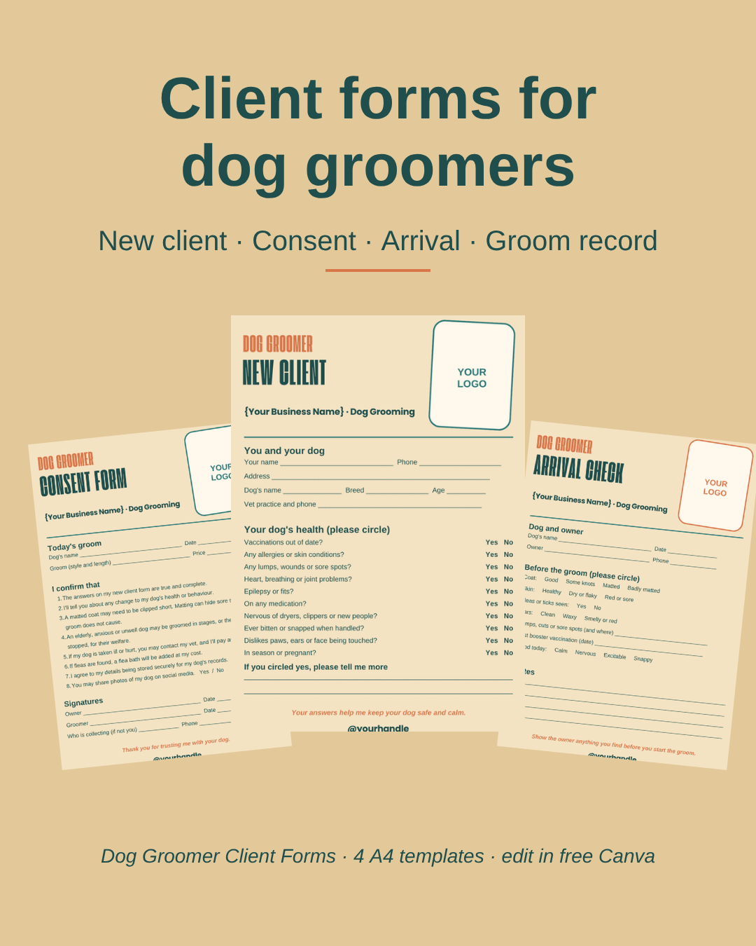 Dog Groomer Client Forms: new client, consent, arrival check, groom record